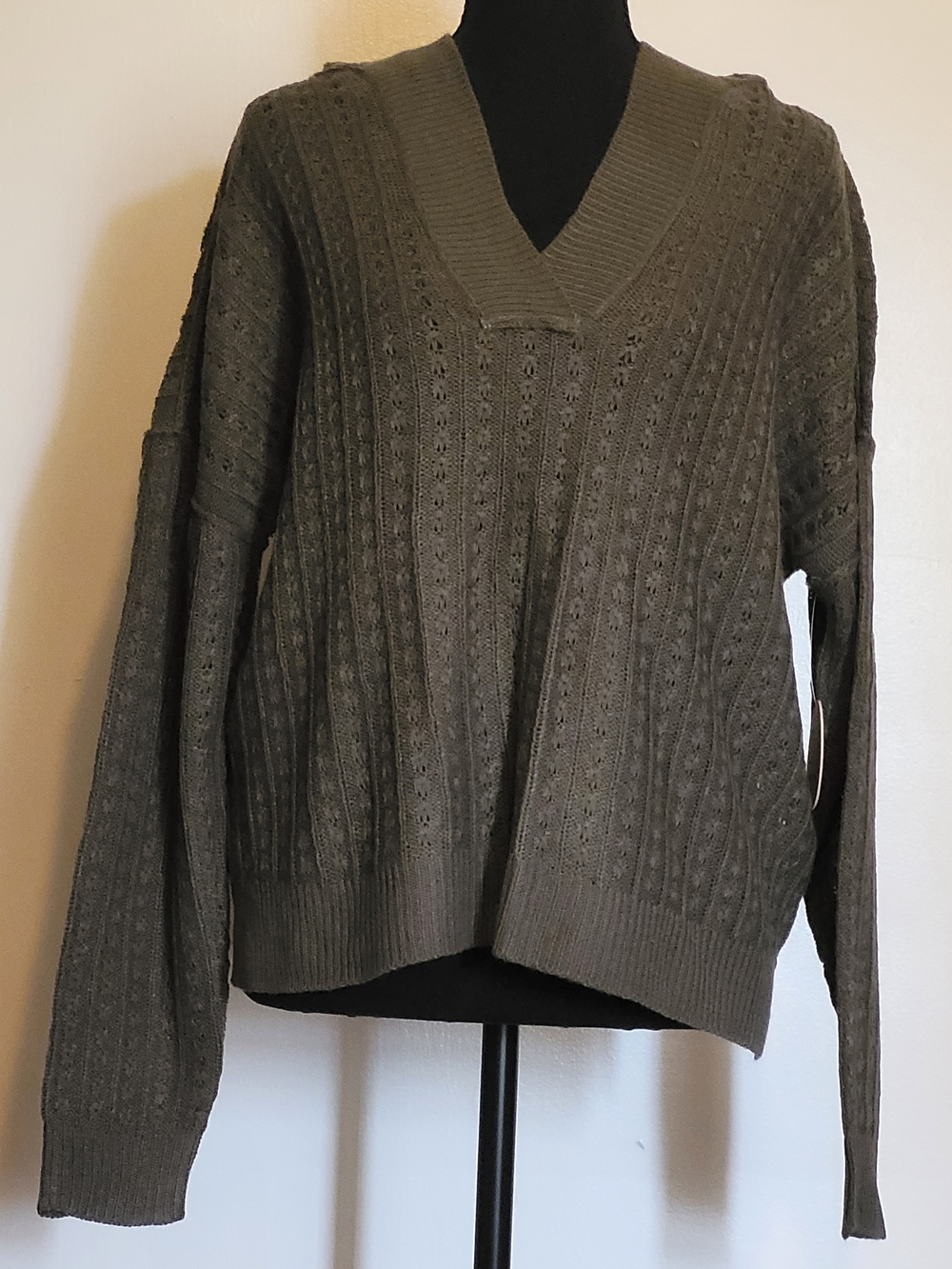 Women's Olive V-Neck Pointelle Knit Sweater With Hood